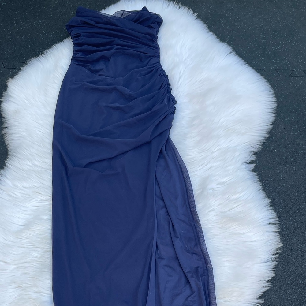 Strapless Navy Ruched Evening Dress - Picture 5 of 9